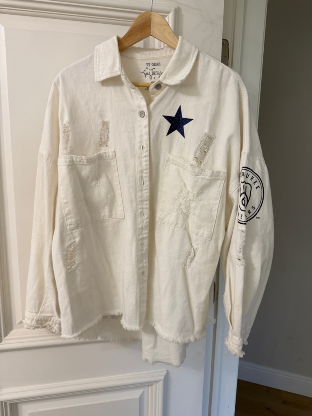 Milwaukee Brewers woman’s  Ivory Distressed Star Patch Button-Up Shacket